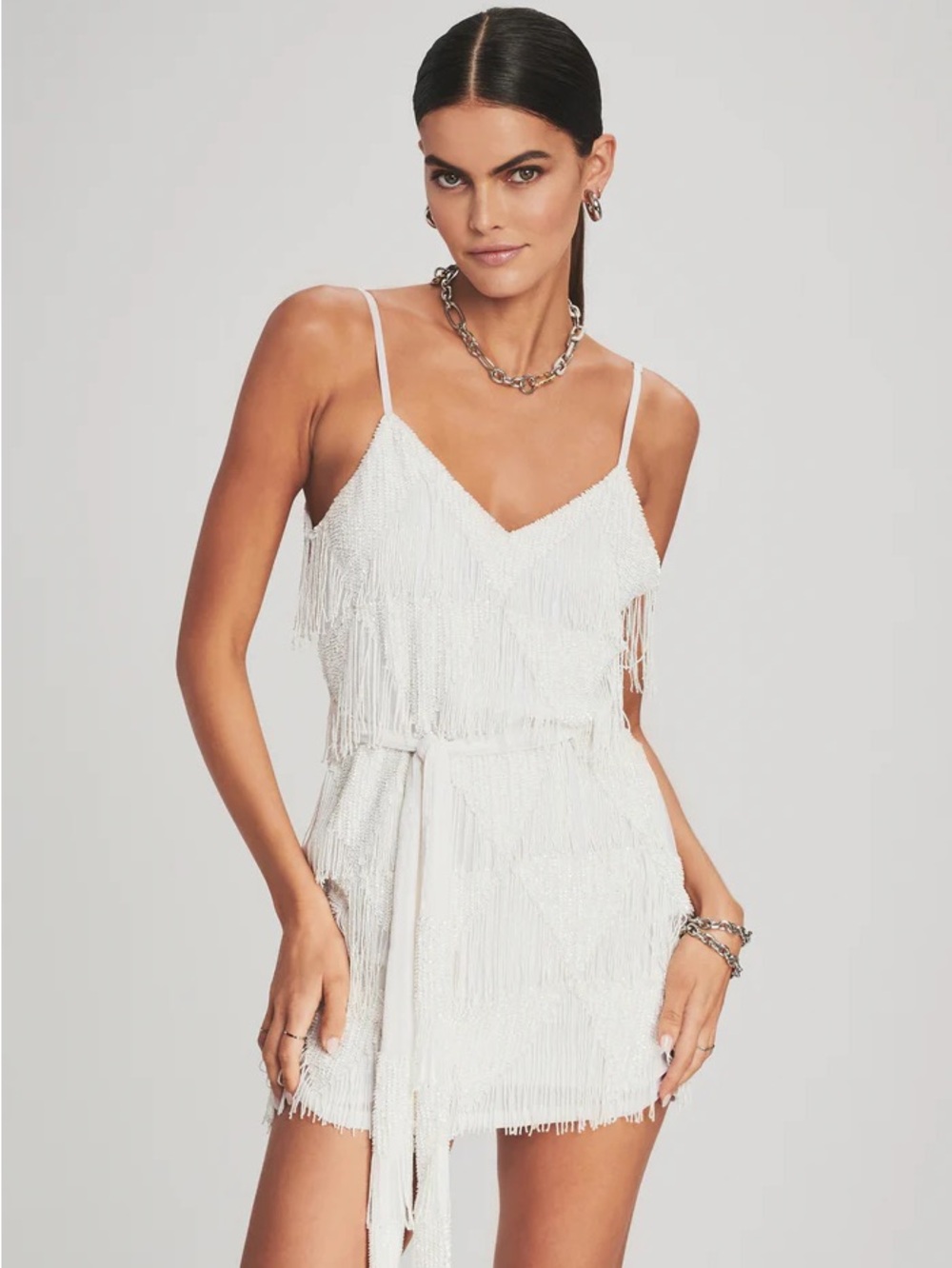 Retrofete White Fringe Mini Dress